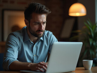 Homme concentré travaillant sur ordinateur portable dans un bureau cosy