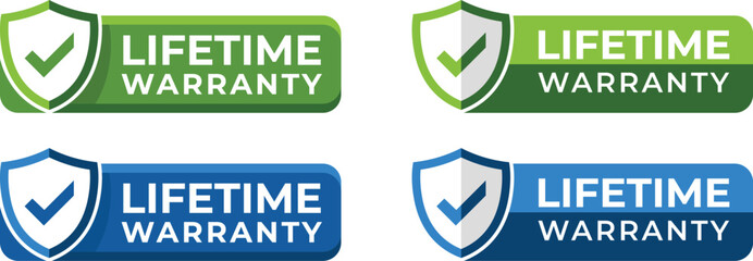 Lifetime warranty shield badge icons – blue and green vector labels with check mark symbol, perfect for product packaging, service guarantees, and branding design.