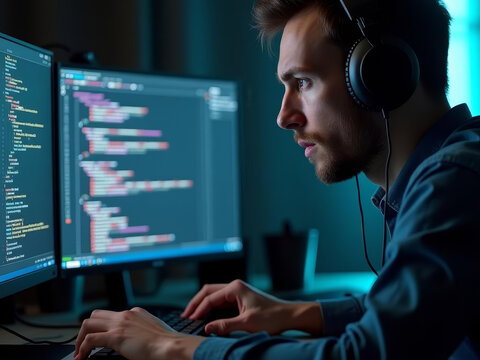 D&eacute;veloppeur concentr&eacute; codant dans un environnement