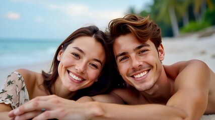 Happy young couple lying on the sand by the sea, relaxing on a summer beach