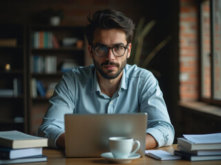 Jeune professionnel concentré devant son ordinateur dans un bureau cosy

