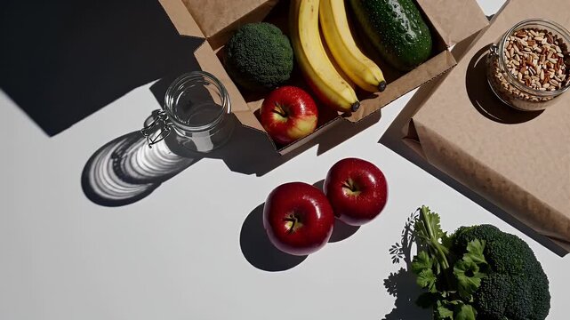 flat lay showing healthy organic produce like fruits grains and vegetables arranged in a donation box symbolizing new norms in food delivery and sustainable packaging amid a digital first shopping