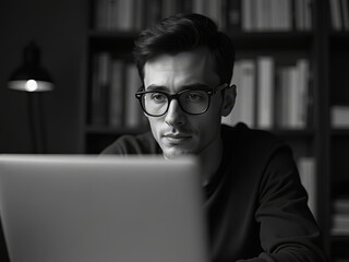 Jeune homme concentré travaillant sur ordinateur dans