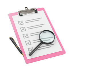 Isolated Clipboard with Checklist Magnifying Glass Pen