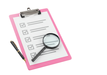 Isolated Clipboard with Checklist Magnifying Glass Pen