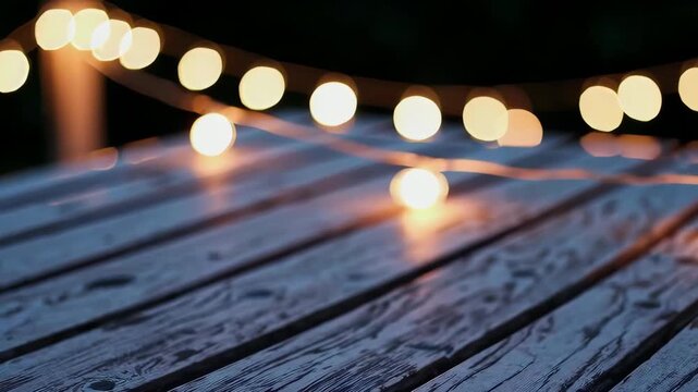 Warm glowing string lights over rustic wooden table at dusk