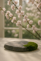 AI-generated spring stone podium with sakura branches and moss