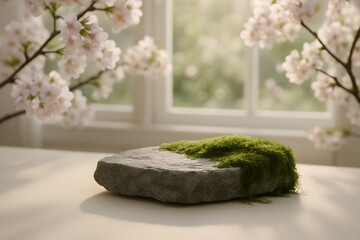 AI-generated spring stone podium with sakura branches and moss