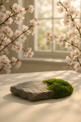 AI-generated spring stone podium with sakura branches and moss
