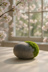 AI-generated spring stone podium with sakura branches and moss