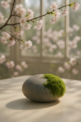 AI-generated spring stone podium with sakura branches and moss