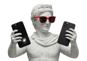 Isolated Ancient Statue with Sunglasses Holding Broken Phone
