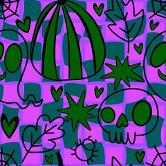 Autumn harvest vegetable seamless monster Halloween pumpkins pattern for wrapping paper and fabrics