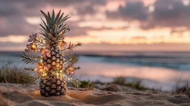 A decorated pineapple with fairy lights stands on sandy beach at sunset. The ocean waves are visible in the background, creating a festive holiday atmosphere.