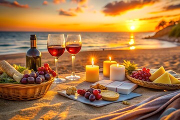 Romantic beach picnic with wine and sunset view