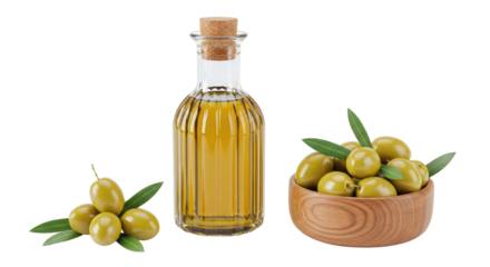Isolated Olive Oil and Green Olives