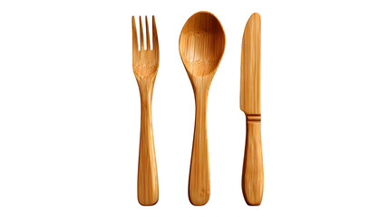 Bamboo cutlery set spoon, fork, knife isolated on transparent background