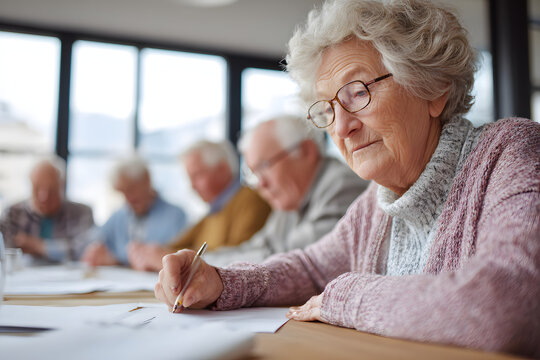 A focused elderly woman is seated at a table, writing on paper