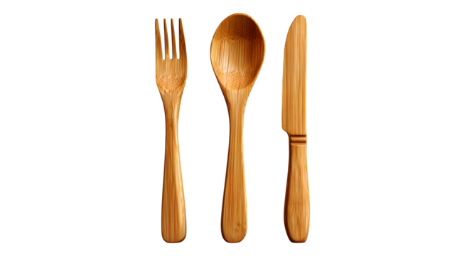 Bamboo cutlery set spoon, fork, knife isolated on transparent background
