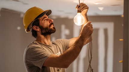 Electrician fitting light fixtures during interior construction and decor work.