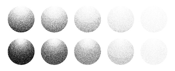 Ten black stipple grainy gradient circle element. Dot grain noise vector for abstract design texture. Graphic modern dotworks.