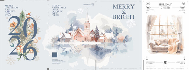 Elegant watercolor Christmas posters for 2026 with cozy winter scenes, festive elements, and village landscapes. Ideal for seasonal greetings, wall art, or invitations.