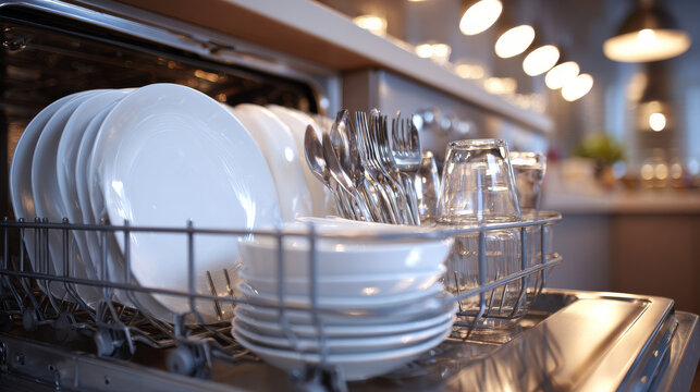 Focused view of a dishwasher filled with sparkling clean dishes. 