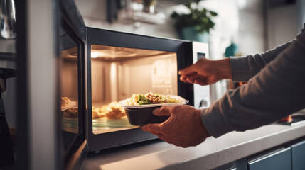 Man places a lunch container inside microwave oven at kitchen counter