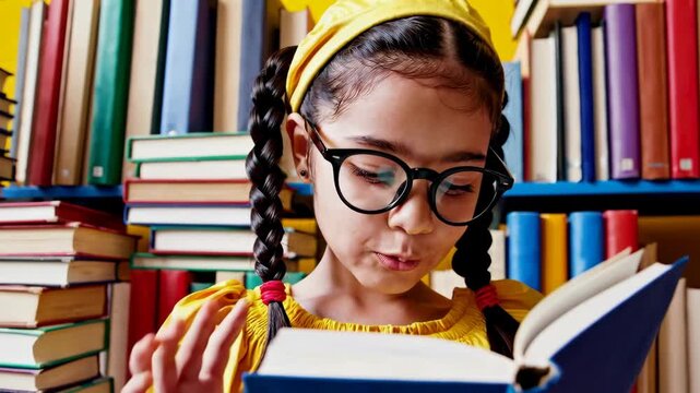Enthusiastic young reader enjoys library adventure among colorful books