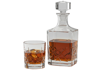 Isolated Decanter and Glass of Amber Whiskey with Ice