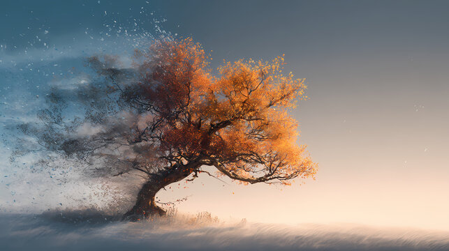 A tree that transforms through the seasons in a single instant, frozen in a moment of change, breathtaking natural details, dynamic lighting, high-resolution realism. frozen instant. Illustration