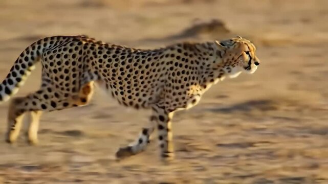 A cheetah sprints across a dusty savanna during golden hour its spotted coat a blur of motion as it chases prey or patrols its territory