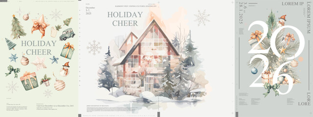 Watercolor holiday posters featuring festive decorations, cozy cabins, and elegant New Year graphics for 2026. Perfect for seasonal cards, posters, or digital greetings.