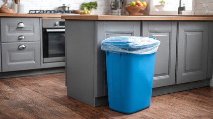 Plastic bin and liner positioned in a kitchen for waste disposal. 