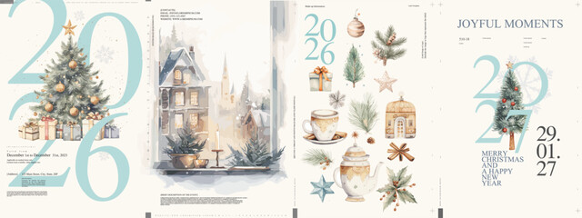 Watercolor holiday posters with festive trees, cozy window views, and charming elements for 2026–2027. Perfect for seasonal decor, cards, and joyful New Year visuals.