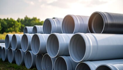 Stacked plastic pipes outdoors