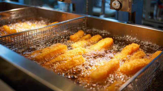Potato fryer filled with bubbling oil in a clean, fast-food kitchen setup.  - Powered by Adobe