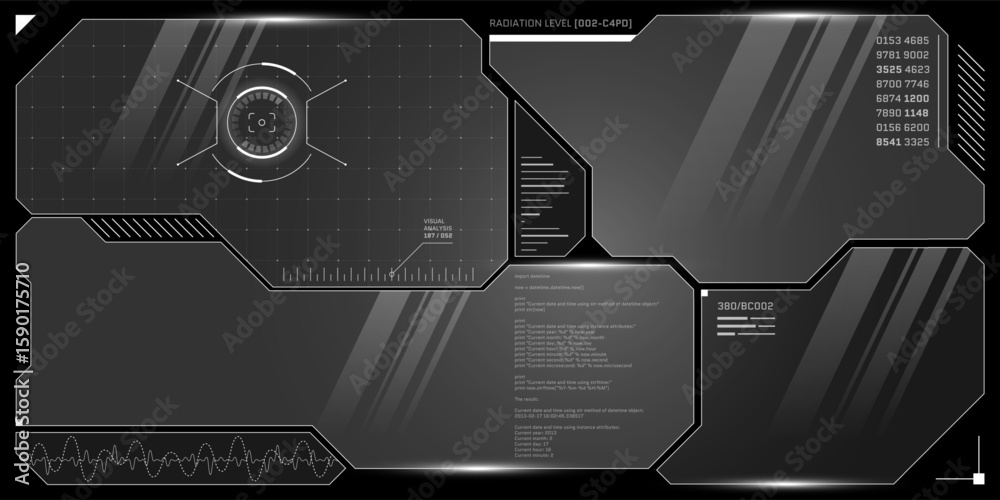 Poster futuristic game hud with white and black cyber interface. virtual dashboard displays radar, data cha