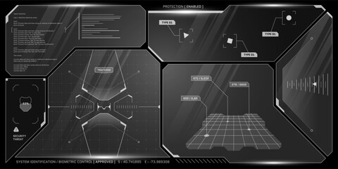 Scifi spaceship cockpit interface with radar, charts and holograms. Transparent HUD panels float over black and white digital dashboard in a sleek futuristic control room. © Azat Valeev