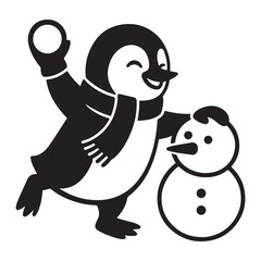 Happy Penguin Playing with Snowman - Winter Holiday Clipart