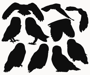 Wild animals silhouettes. Great Horned Owl Bundle. Flying owl bird silhouettes, Seated barn owl silhouette. Halloween set of element. knowledge, wisdom, and intelligence. Owls vector outline.