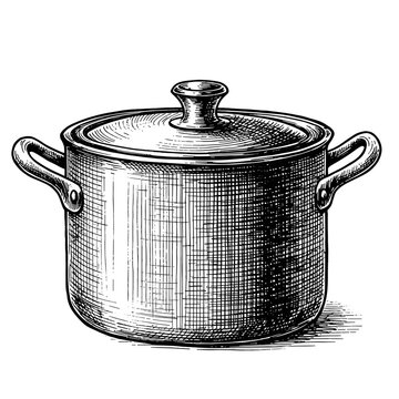 Engraving vintage ink sketch Cooking pot with lid &ndash; hand-drawn black and white vector illustration