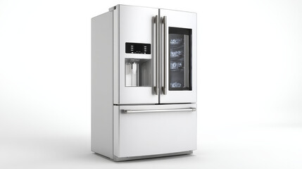 White background rendering of a refrigerator with built-in ice dispenser. 