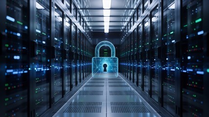Digital padlock icon providing cybersecurity in a modern data center corridor