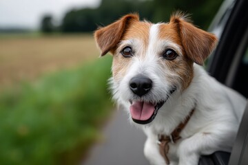 Happy jack russell terrier enjoying car ride with head out of window