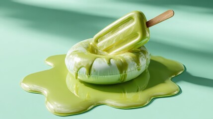 Creative summer concept featuring an inflatable popsicle and float melting into a puddle, all in glossy green on a mint backdrop.