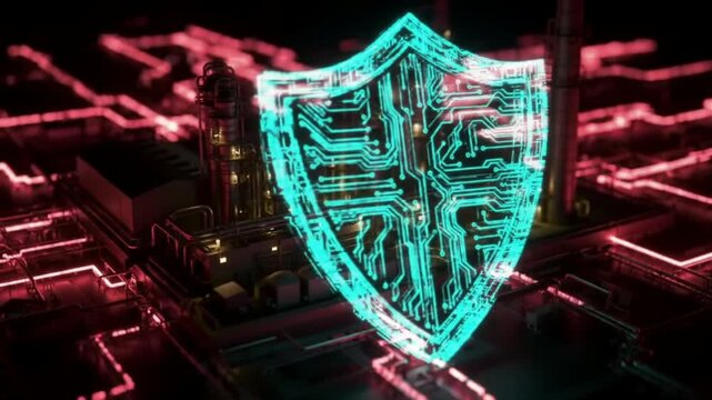 Cybersecurity Shield Protecting Industrial Plant: OT and SCADA Security Concept