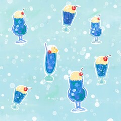 Blue Cream Soda Pattern with Watercolor Style and Bubbles