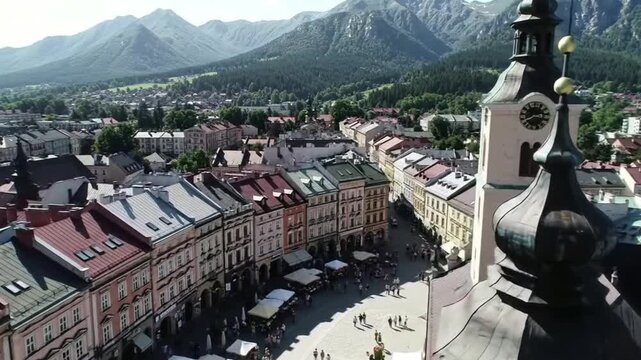 Nowy Targ Market Square, Poland: Stunning Aerial View with Tatra Mountains.