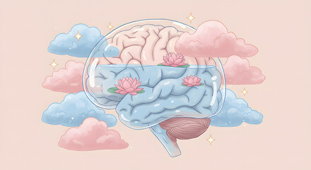 Dreamy Brain with Water Lilies and Clouds in Soft Pink and Blue Tones for Calmness and Mental Peace